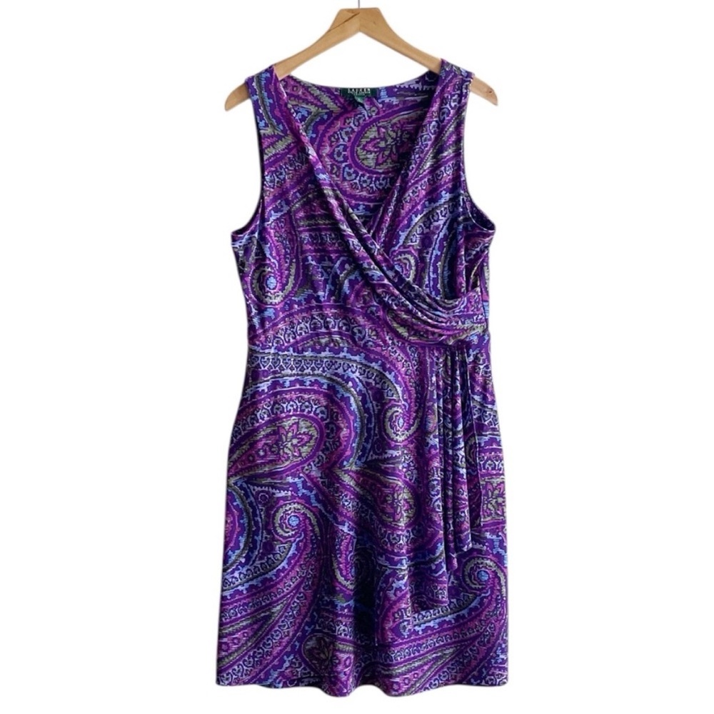 Ralph Lauren purple floral argyle dress size L LP large petite